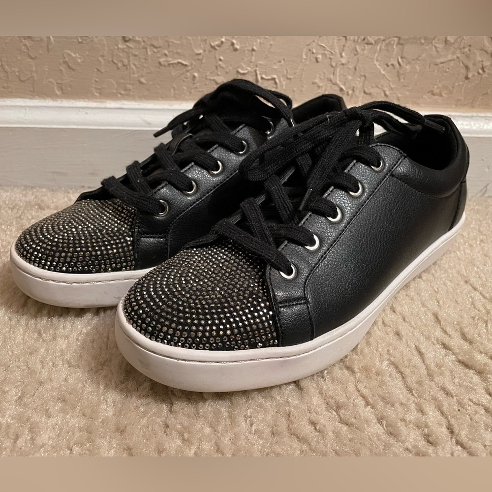 Aldo black leather sneaker with rhinestone toe